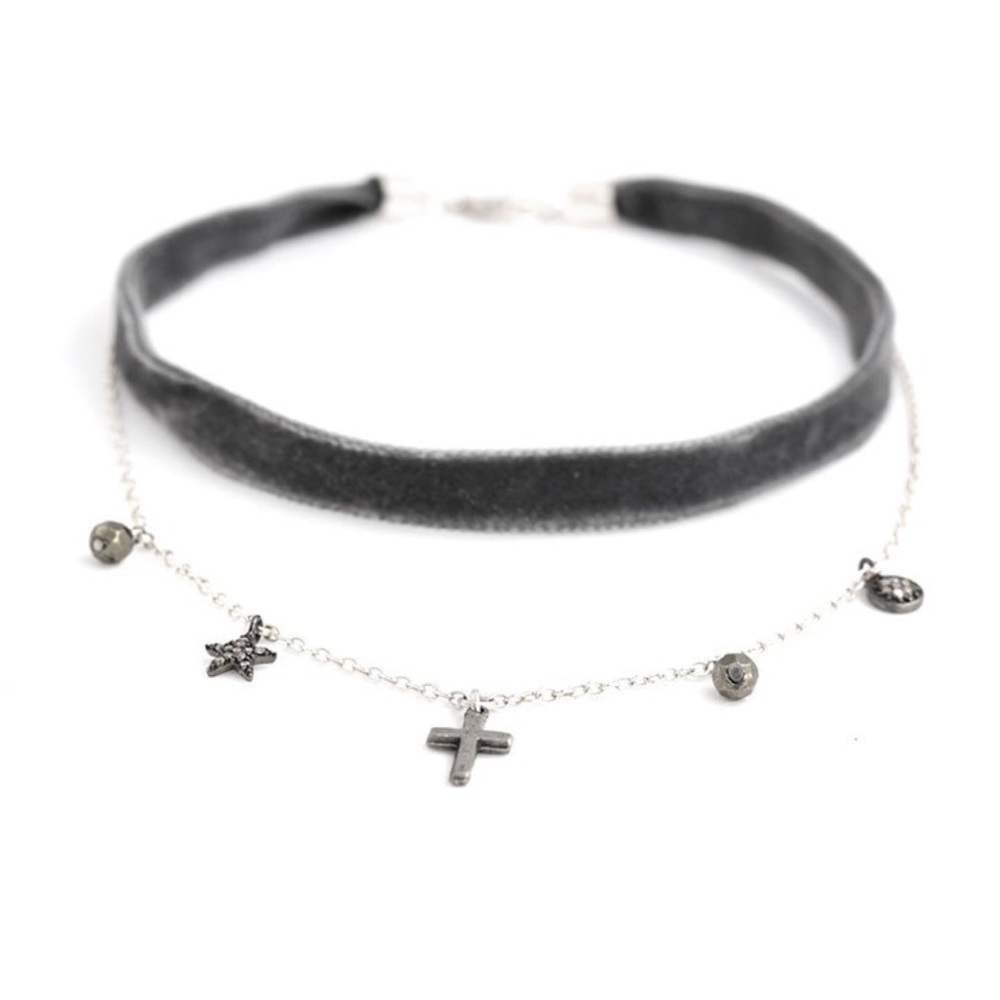 BAILIN PEWTER VELVET CHOKER WITH CHARM NECKLACE